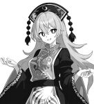  1girl chinese_clothes dress greyscale hair_between_eyes junko_(touhou) long_hair long_sleeves looking_at_viewer monochrome onkn_sxkn open_mouth phoenix_crown simple_background smile solo tabard touhou upper_body white_background wide_sleeves 