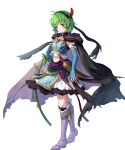  1girl black_cloak cloak dagger elbow_gloves fingerless_gloves fire_emblem fire_emblem:_the_blazing_blade fire_emblem_heroes frilled_skirt frills gloves green_hair highres knife midriff navel nino_(fang&#039;s_heart)_(fire_emblem) nino_(fire_emblem) non-web_source official_alternate_costume official_art purple_gloves purple_hair ringozaka_mariko skirt solo weapon 