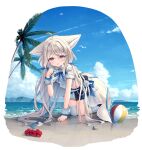 1girl :o ahoge all_fours animal_ear_fluff animal_ears ball beach beachball black_footwear blue_bow blue_sky blush bow brown_hair center_frills cloud commentary_request crop_top day flower frills hair_between_eyes hair_bow hair_ornament hairclip highres horizon long_hair looking_at_viewer low_twintails midriff navel ocean original outdoors palm_tree parted_lips pleated_skirt red_eyes red_flower sakurada_shiro sand satsuki_yukimi seashell shell shirt shoes single_sock single_thighhigh skirt sky socks solo tail thighhighs tree twintails very_long_hair water waves white_shirt white_skirt white_socks white_thighhighs wrist_cuffs 