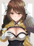  1girl 2sirokma0930 armor braid breasts brown_eyes brown_hair cleavage cleavage_cutout closed_mouth clothing_cutout fire_emblem fire_emblem_engage gloves goldmary_(fire_emblem) hair_ornament highres looking_at_viewer ribbon shoulder_armor side_braid smile solo white_gloves white_ribbon 