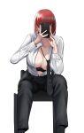  1girl absurdres bellone black_necktie black_pants bra bra_pull breasts cellphone chainsaw_man chair clothes_pull highres holding holding_phone large_breasts loose_necktie makima_(chainsaw_man) necktie pants partially_unbuttoned phone red_hair selfie shirt simple_background sitting smartphone solo underwear white_background white_shirt 