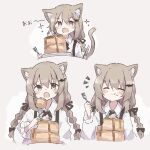  1girl :q animal_ears black_ribbon blush blush_stickers braid brown_eyes brown_hair cat_ears cat_girl cat_tail closed_eyes collared_shirt colon_br facing_viewer food fork hair_ribbon highres holding holding_fork holding_knife knife licking_lips long_hair long_sleeves looking_at_viewer multiple_views open_mouth original pancake pancake_stack plate raised_eyebrows ribbon shirt sidelocks simple_background sparkle tail tongue tongue_out twin_braids white_background white_shirt 