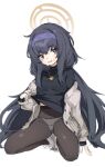  arm_support bags_under_eyes black_eyes black_hair black_pantyhose black_shirt blue_archive breasts cardigan cardigan_partially_removed clothes_lift full_body grey_cardigan hairband half-closed_eyes halo highres jewelry karon long_hair long_sleeves looking_at_viewer low_twintails messy_hair nervous open_cardigan open_clothes panties panties_under_pantyhose pantyhose pendant purple_hairband shirt shirt_lift sidelocks simple_background small_breasts squatting sweat turtleneck twintails ui_(blue_archive) underwear very_long_hair wavy_mouth white_background 