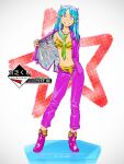  1girl animal_print blue_hair bra buttons character_name copyright_name eyelashes full_body green_necktie high_heels highres horns jacket lum multicolored_eyes navel necktie open_clothes open_fly open_jacket panties pants pointy_ears purple_footwear purple_jacket purple_pants purple_socks socks standing star_(symbol) sukocchi_moruto tiger_print translation_request underwear urusei_yatsura 