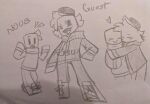  &lt;3 2023 blush blush_lines clothing embrace footwear gay_couple graphite_(artwork) guest_(roblox) hair hat headgear headwear hug humanoid kissing looking_at_viewer male male/male monochrome noob_(roblox) not_furry not_furry_focus pegacousin pencil_(artwork) roblox scarf shoes traditional_media_(artwork) 