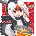  1girl atlantic_puffin_(kemono_friends) bird_girl bird_tail bird_wings cardigan da_(bobafett) eating feathered_wings food head_wings jacket kemono_friends looking_at_viewer multicolored_hair red_background red_eyes scarf shirt short_hair simple_background skirt snack solo tail wings 