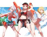  3girls absurdres anis_(nikke) armpits bare_shoulders blue_sky breasts cleavage cloud collarbone commentary_request day fune_(fune93ojj) goddess_of_victory:_nikke grin groin hair_between_eyes highres large_breasts looking_at_viewer medium_breasts midriff multiple_girls navel neon_(nikke) one_eye_closed open_mouth parted_bangs rapi_(nikke) sidelocks sky small_breasts smile standing teeth underboob 