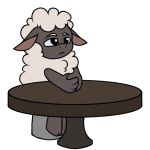  2023 anthro black_body bovid caprine chair chest_tuft fur furniture holding_own_hand male mammal on_chair pegacousin serious_face sheep sitting sitting_on_chair solo table tuft white_body white_fur wooly_(amanda_the_adventurer) 