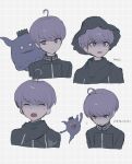  1boy ahoge black_headwear black_jacket closed_eyes closed_mouth commentary_request cropped_torso crown d: expressions frown ghost hat highres ikakun13 jacket looking_at_another looking_at_viewer male_focus master_detective_archives:_rain_code multiple_views open_mouth purple_eyes purple_hair scared shinigami_(ghost)_(rain_code) shinigami_(rain_code) short_hair smile sweatdrop turn_pale upper_body yuma_kokohead 