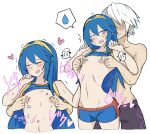  1boy 1girl black_shorts blue_eyes blue_hair blue_shorts closed_eyes clothes_lift commentary_request faceless faceless_male fire_emblem fire_emblem_awakening flat_chest from_behind heart heart-shaped_pupils hetero highres lucina_(fire_emblem) navel nipple_tweak one_eye_closed open_mouth robin_(fire_emblem) robin_(male)_(fire_emblem) shirt_lift short_shorts shorts skinny symbol-shaped_pupils tears topless_male translation_request wavy_mouth white-stew white_hair 