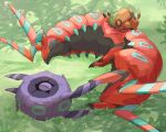  alternate_color antennae bug centipede closed_eyes commentary_request dappled_sunlight day evolutionary_line grass highres horns lying momota_pix no_humans on_side outdoors pokemon pokemon_(creature) scolipede shiny_pokemon sleeping sunlight venipede whirlipede 