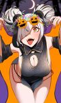  1girl arknights bare_shoulders blush breasts china_dress chinese_clothes cleavage cleavage_cutout cloak clothing_cutout cowboy_shot crescent detached_sleeves dress ert_raitsui fang feater_(arknights) ghost_pose halloween highres looking_at_viewer open_mouth orange_eyes skin_fang smile solo tongue tongue_out 