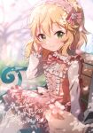  1boy 1girl blonde_hair blurry blurry_background blush breasts character_name cherry_blossoms closed_mouth dappled_sunlight dated day dot_nose dress falling_petals floral_print flower frilled_dress frills from_side grass green_eyes grey_jacket hair_ribbon hairband hand_up happy_birthday highres holding holding_flower idolmaster idolmaster_cinderella_girls idolmaster_cinderella_girls_starlight_stage jacket layered_skirt long_sleeves looking_at_viewer neck_ribbon on_bench outdoors petals pink_dress pink_hairband pink_ribbon print_dress producer_(idolmaster) ribbon sakurai_momoka shadow shinonoko_(tubamecider) shirt short_hair sitting skirt small_breasts smile solo sunlight tree white_shirt 