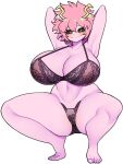  1girl armpits ashido_mina bellupup black_sclera boku_no_hero_academia bra collarbone colored_sclera colored_skin covered_nipples feet highres horns looking_at_viewer navel panties pink_hair pink_skin simple_background smile solo squatting stomach thick_thighs thighs tiptoes toes underwear wide_hips yellow_eyes 