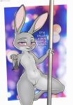  absurd_res blush clothing dancing dialogue disney english_text female flat_chested fluffytuft genitals hi_res judy_hopps lagomorph leporid looking_at_viewer mammal nipples nude pole pole_dancing purple_eyes pussy rabbit simple_background smile solo stripper_pole text thick_thighs underwear wide_hips zootopia 