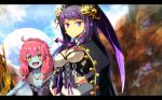  2girls :d blue_skin breasts colored_skin corset day flat_chest gothic hand_on_own_hip large_breasts long_sleeves looking_at_viewer mizuchaya_youkan multiple_girls outdoors pink_hair purple_eyes purple_hair purple_ribbon ribbon riri_(sekaiju) scythe sekaiju_no_meikyuu sekaiju_no_meikyuu_5 smile sororu underboob upper_body yellow_eyes 