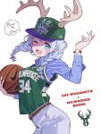  1girl :d antlers arched_back ball bang_dream! basketball_(object) basketball_jersey belt blue_eyes blush braid brown_belt collared_shirt cosplay english_commentary giannis_antetokounmpo giannis_antetokounmpo_(cosplay) green_shirt grey_pants hair_behind_ear highres holding holding_ball logo looking_at_viewer milwaukee_bucks national_basketball_association new_era nike one_eye_closed open_mouth pants shirt shirt_tucked_in smile solo speech_bubble twin_braids wakamiya_eve watch white_background wristwatch yazawa_happyaro 
