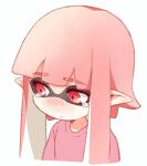  1girl closed_mouth domino_mask inkling inkling_girl light_blush light_frown mask namori no_nose pink_hair pink_shirt pointy_ears red_eyes sad shirt sidelocks simple_background solo splatoon_(series) tears upper_body white_background 