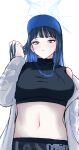  1girl absurdres baseball_cap black_shirt blue_archive blue_eyes blue_hair breasts coat commentary_request crop_top hadari_(eve_future_00) hand_up hat highres large_breasts long_hair long_sleeves looking_at_viewer midriff navel off_shoulder open_clothes open_coat saori_(blue_archive) shirt simple_background single_bare_shoulder sleeveless sleeveless_shirt solo stomach upper_body white_coat 