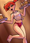  1girl :d alcohol bare_shoulders beer beer_mug bikini bikini_under_clothes blurry blurry_background blush brown_background cameltoe cup drink dutch_angle english_commentary foot_out_of_frame foot_up green_eyes groin hair_between_eyes hair_tie hair_up highres holding holding_drink holding_tray loodncrood looking_at_viewer midriff midriff_peek misty_(pokemon) mug navel nose_blush open_mouth orange_hair pink_footwear pokemon pokemon_(anime) pokemon_(classic_anime) red_bikini sandals see-through see-through_shirt serving shirt side_ponytail skindentation sleeveless sleeveless_shirt smile solo standing standing_on_one_leg swimsuit teeth tied_shirt toes tray upper_teeth_only waitress waving_arms 