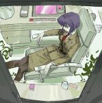  1girl from_above ghost_in_the_shell green_jacket green_skirt highres jacket kusanagi_motoko long_sleeves military military_uniform necktie northdiiiio open_window pantyhose purple_hair red_necktie shirt sitting sketch skirt solo uniform white_shirt window 