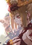  1girl backlighting bare_shoulders blonde_hair close-up crown dress expressionless facial_mark fate/grand_order fate_(series) gem highres kdm_(ke_dama) nero_claudius_(fate) parted_lips profile queen_draco_(fate) red_dress red_eyes red_nails sidelocks solo water_drop 