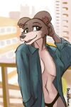  2023 anthro balcony beastars black_nose breasts brown_body brown_fur canid canine canis clothed clothing deskmaniac female fur hi_res juno_(beastars) mammal navel open_clothing open_shirt open_topwear panties shirt signature smile solo tongue topwear underwear wolf 