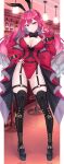  1girl absurdres animal_ears bar_(place) bar_stool black_footwear black_hairband boots bottle breasts coat covered_navel cross-laced_footwear drill_hair fairy_knight_tristan_(fate) fake_animal_ears fang fang_out fate/grand_order fate_(series) full_body garter_straps gradient_hair grey_eyes grey_hair hair_intakes hairband hand_on_hip highres huangyouxingren indoors large_breasts leotard long_hair long_sleeves multicolored_hair nontraditional_playboy_bunny overcoat pink_hair playboy_bunny playing_with_own_hair pointy_ears quad_drills rabbit_ears red_coat red_leotard red_nails revision sidelocks solo standing stool thigh_boots very_long_hair 