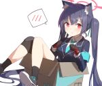  1girl animal_ear_fluff animal_ears aqua_armband aqua_necktie black_footwear black_gloves black_socks blue_archive blue_hair blue_jacket blush box cat_ears cat_girl closed_mouth collared_shirt embarrassed gloves hair_between_eyes halo highres in_box in_container jacket knee_pads knees_together_feet_apart knees_up lapels long_hair long_sleeves looking_at_viewer miya_kazutomo multicolored_clothes multicolored_gloves necktie paw_pose red_eyes red_gloves red_halo serika_(blue_archive) shirt simple_background single_knee_pad slit_pupils socks solo spoken_blush sweat twintails very_long_hair white_background white_shirt 