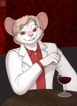  alcoholic_drink anthro blonde_hair clothed clothing felix_(kztxl7) foxenawolf fur hair looking_at_viewer male mammal meme murid murine pink_nose rat red_eyes rodent solo tan_body tan_fur 