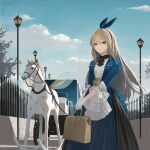  1girl alice_(alice_in_wonderland) alice_in_wonderland bag black_dress blue_dress cloud dress fence gloves handbag highres holding holding_bag lamppost light_frown long_hair looking_at_viewer outdoors rocking_horse sky solo wakuseiy white_gloves 