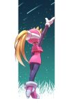  1girl black_bodysuit blonde_hair blue_eyes bodysuit breasts ciel_(mega_man) gloves high_heels looking_afar mega_man_(series) mega_man_zero nagita0 pink_headwear pink_skirt pink_vest ponytail skirt sky small_breasts star_(sky) starry_sky vest 