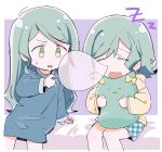  2girls aqua_hair arm_support bang_dream! blue_nightgown border chibi closed_eyes commentary green_eyes highres hikawa_hina hikawa_sayo hood hoodie long_hair multiple_girls nightgown nose_bubble object_hug open_mouth plaid plaid_shorts short_hair shorts siblings sidelocks sitting sleeping sweatdrop trembling twins wavy_mouth white_border wide-eyed yellow_hoodie zihacheol zzz 