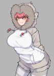  1girl a888_n22 animal_ears arms_behind_back breasts closed_mouth cowboy_shot drawstring fur-trimmed_hood fur_trim grey_background hair_between_eyes highres hood hood_up hoodie japanese_macaque_(kemono_friends) kemono_friends large_breasts leaning_forward long_sleeves looking_at_viewer monkey_ears monkey_girl monkey_tail pantyhose pantyhose_under_shorts pink_hair pocket short_shorts shorts simple_background smile solo striped striped_pantyhose tail taut_clothes yellow_background 