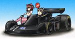  1boy 1girl alternate_costume black_eyes blunt_bangs bow brown_hair car closed_mouth commentary_request cookie_(touhou) crossover earmuffs formula_one frilled_hair_tubes frills full_body grey_eyes hair_bow hair_tubes hakurei_reimu heshikiri_hasebe highres looking_at_another medium_bangs medium_hair mgrm_ysnr motor_vehicle open_mouth pants pink_pants pink_shirt plaid plaid_pants race_vehicle racecar red_bow rurima_(cookie) shirt short_hair short_sleeves sidelocks smile touhou touken_ranbu 