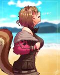  1girl animal_ears ayunda_risu beach blue_sky blurry blurry_background breasts brown_hair closed_eyes cloud day hair_between_eyes hair_ornament headset highres hololive hololive_indonesia hot jacket lazcy_505 looking_up medium_breasts midriff_peek mountainous_horizon multicolored_hair off_shoulder open_clothes open_jacket open_mouth signature sky squirrel_ears squirrel_girl squirrel_tail sweat tail tank_top upper_body virtual_youtuber 
