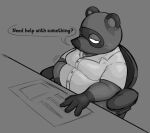  2023 animal_crossing anthro canid canine clothed clothing dialogue english_text furniture greyscale half-closed_eyes hi_res locitony looking_at_viewer male mammal monochrome moobs narrowed_eyes nintendo overweight overweight_anthro overweight_male raccoon_dog solo table talking_to_viewer tanuki text tom_nook_(animal_crossing) 