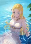  1girl absurdres arm_support blonde_hair breasts closed_mouth day dress dscreation_(alan_dwi29) green_eyes highres jewelry lake long_hair looking_at_viewer medium_breasts necklace outdoors parted_bangs partially_submerged pointy_ears princess_zelda ripples sitting smile solo strapless strapless_dress the_legend_of_zelda the_legend_of_zelda:_breath_of_the_wild very_long_hair water wet white_dress 