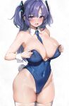  1girl areola_slip bare_shoulders between_breasts blue_archive blue_leotard blue_necktie blush breasts cameltoe commentary covered_navel detached_collar hair_ornament highleg highleg_leotard highres ipuu_(el-ane_koubou) large_breasts leotard long_hair looking_at_viewer necktie necktie_between_breasts nose_blush open_mouth parted_bangs purple_hair rabbit_tail raised_eyebrows revision simple_background skindentation solo strapless strapless_leotard sweat tail thighhighs thighs two_side_up white_background white_thighhighs wrist_cuffs yuuka_(blue_archive) 