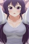  1girl :o absurdres bed_sheet blurry blush breasts breasts_apart casual cleavage collarbone commentary depth_of_field gochuumon_wa_usagi_desu_ka? grey_shirt hair_between_eyes hair_spread_out highres incoming_hug large_breasts long_hair looking_at_viewer lying on_back open_mouth poa_mellhen pov purple_eyes purple_hair shirt sidelocks straight-on striped striped_shirt tedeza_rize very_long_hair 