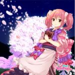  1girl cherry_blossoms commentary copyright_name english_commentary japanese_clothes logo medium_hair moe!_ninja_girls momochi_myu night night_sky ntt_solmare official_art pink_eyes pink_hair sky solo tagme 