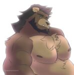  2023 anthro bear beard brown_body brown_fur chest_tuft clothed clothing colored digital_media_(artwork) facial_hair fur half-length_portrait hi_res jugger_(juggermelon) juggerpepper looking_at_viewer male mammal mullet muscular muscular_anthro muscular_male nipples pecs portrait red_eyes solo topless tuft underbite watermark 