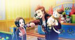  2boys akai_suzaku animal_on_shoulder black_hair buttons cat cat_on_shoulder collared_shirt fingernails fist_bump hat highres holding holding_stuffed_toy idolmaster idolmaster_side-m idolmaster_side-m_growing_stars jewelry long_sleeves male_child male_focus multicolored_hair multiple_boys necklace nyako_(idolmaster) official_art okamura_nao open_clothes orange_eyes orange_hair purple_eyes red_hair ring shirt smile streaked_hair stuffed_animal stuffed_cat stuffed_toy teeth top_hat upper_teeth_only 
