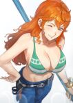  1girl belt bikini blurry blush breasts cleavage commentary emknov hand_on_own_hip highres holding holding_polearm holding_weapon jewelry large_breasts log_pose long_hair looking_at_viewer nami_(one_piece) navel one_eye_closed one_piece orange_hair polearm smile solo swimsuit weapon white_background 