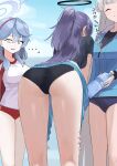  ... 3girls absurdres ako_(track)_(blue_archive) alternate_costume ass ass_focus bare_legs black_buruma blue_archive blue_buruma blue_hair breasts buruma empty_eyes feet_out_of_frame grey_hair gym_shirt gym_uniform hairband half_updo halo highres jacket long_hair looking_at_another medium_breasts multiple_girls noa_(blue_archive) official_alternate_costume outdoors ponytail purple_hair red_buruma red_hairband shirt sweat takkun0926 track_jacket very_long_hair yuuka_(blue_archive) yuuka_(track)_(blue_archive) 