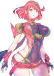  1girl breasts chest_jewel commentary covered_navel dangle_earrings earrings fingerless_gloves gloves highres jewelry large_breasts long_hair micro_shorts pyra_(xenoblade) red_eyes red_hair red_shorts short_hair shorts solo suspenders swept_bangs tiara ug333333 xenoblade_chronicles_(series) xenoblade_chronicles_2 