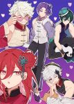  5boys black_pants black_shirt blue_eyes blue_hair blue_headwear blue_lock chigiri_hyoma chinese_clothes detached_sleeves full_body glasses green_headwear hair_ornament hand_up hat head_rest itoshi_rin kira_ryosuke looking_at_viewer male_focus mikage_reo mole mole_under_eye multiple_boys nagi_seishirou nokcha26 one_eye_closed open_mouth pants purple-tinted_eyewear purple_background purple_eyes purple_hair purple_shirt red_eyes red_hair red_shirt round_eyewear shirt short_hair sitting sleeveless smile stuffed_animal stuffed_panda stuffed_toy tinted_eyewear white_hair white_shirt 