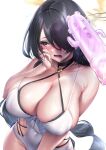  1girl bare_arms bare_shoulders black_hair blue_archive breasts cleavage collarbone covered_navel dildo from_above hair_over_one_eye halo halterneck highres hinata_(blue_archive) hinata_(swimsuit)_(blue_archive) ken_ill large_breasts long_hair one-piece_swimsuit one_eye_covered open_mouth red_eyes sex_toy solo swimsuit wet white_background white_one-piece_swimsuit 