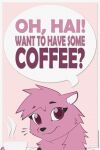  2013 2:3 anthro black_nose digital_drawing_(artwork) digital_media_(artwork) english_text eyebrows female flat_colors fur hi_res holding_mug holding_object looking_at_viewer mammal megawolf77 mink mug mustelid musteline pink_body pink_eyes pink_fur simple_background smile solo steam text textured_background true_musteline url whiskers 