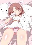  1girl animal animal_ears ass_visible_through_thighs blush brown_hair cat_(nyanko_daisensou) cat_ears cat_tail chibiharin dress gloves hand_on_own_cheek hand_on_own_face highres holding holding_animal neneko_(nyanko_daisensou) nyanko_daisensou on_bed open_mouth panties pink_panties ribbon_panties skirt sleeping tail thighs underwear white_dress white_skirt 